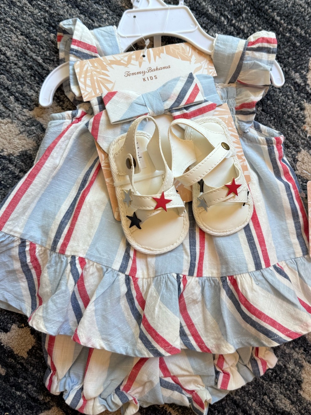 Tommy Bahama Baby Girl 3 Months Striped Outfit Set Dress Bloomers Sandals NWT